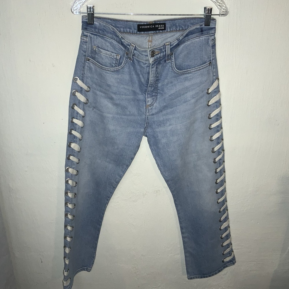 Veronica Beard Women 28 Ines Jeans Blue Girlfriend Lace Up High Rise Cropped